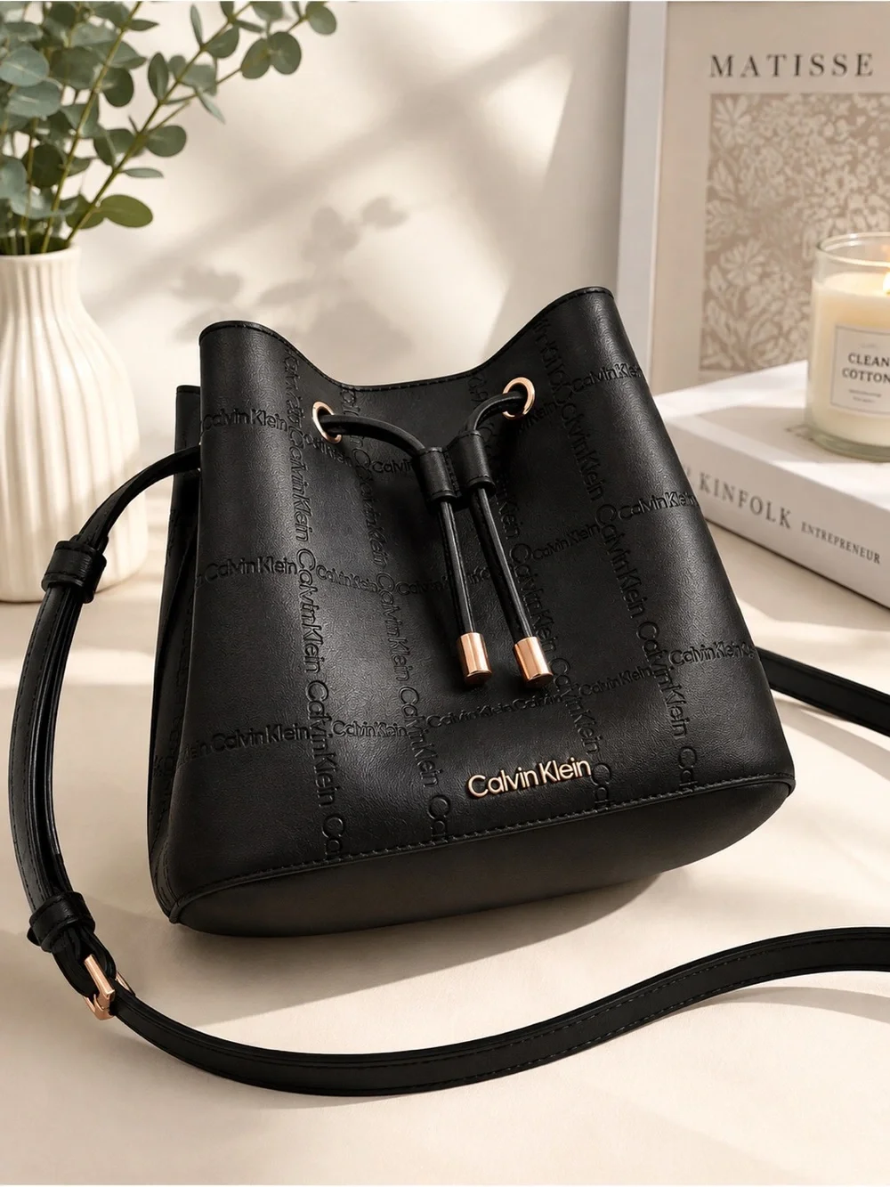 Calvin Klein Black Logo-Embossed Drawstring Bucket Bag